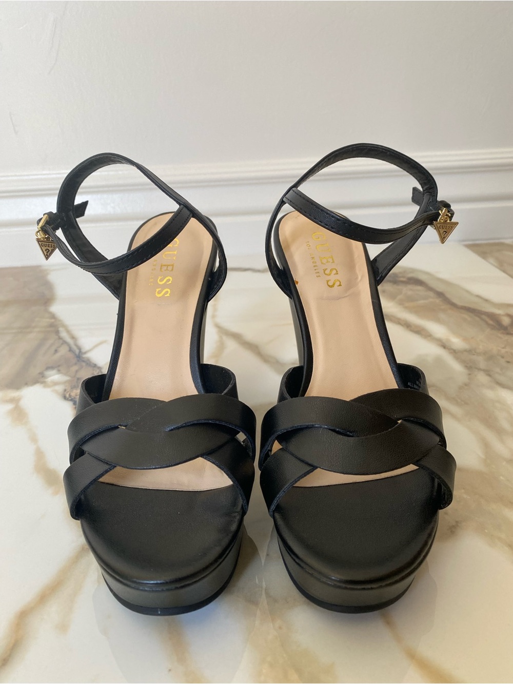 GUESS Black Platform Braided-Strap Heeled Sandals with Ankle Buckle (Size 6.5M)